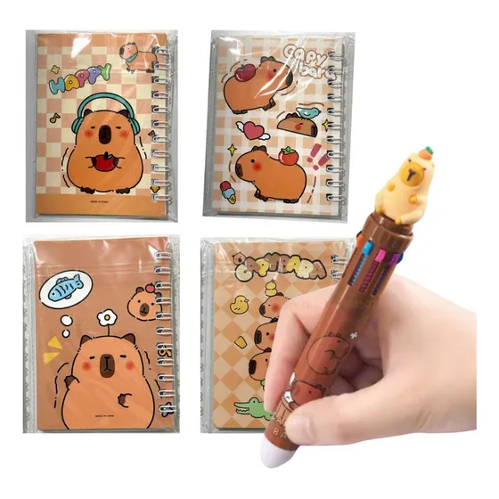 Kit 4 Caderninhos Bloco De Notas + Caneta 10 Cores Capivara