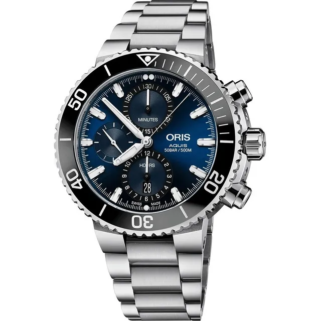 Reloj Oris Aquis Cronógrafo Or-77477434155ma Correa Plateado Bisel Negro Fondo Azul