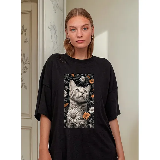 Remera Unisex Gato Flores Personalizada Algodón Aesthetic