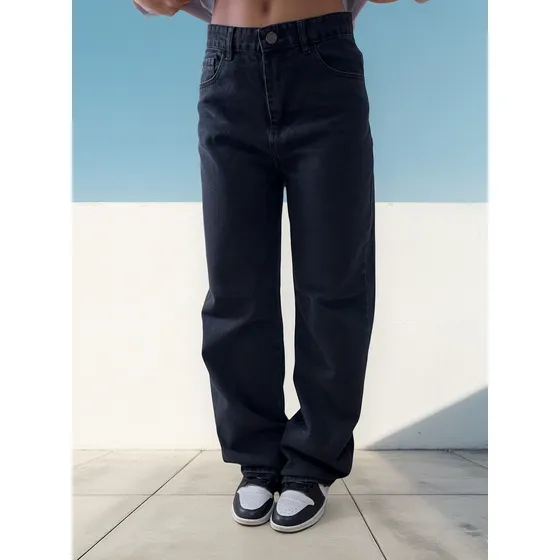 Jeans Mujer Mom Clasico Recto Rigido Negro Gastado Tiro Alto