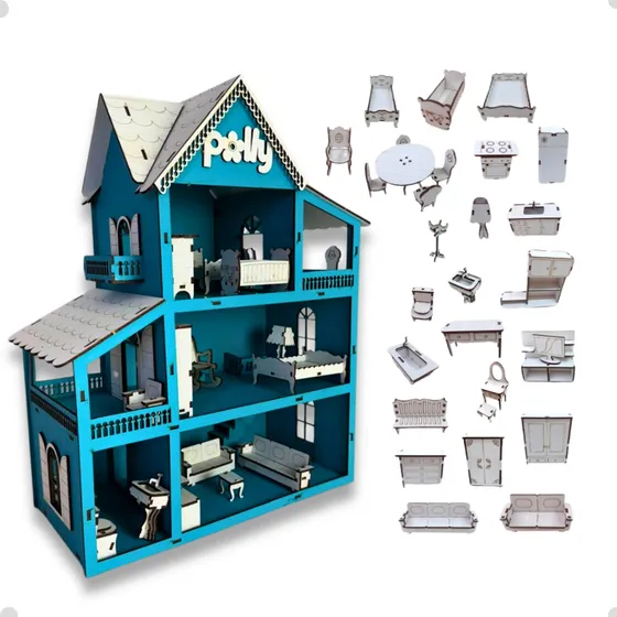 Casa Casinha De Boneca + Kit 30 Moveis Em Mdf Pintado