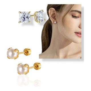 Aretes Set 2 Pares Oro Laminado 18k Con Zirconias Aretes Set 2 Pares Oro Laminado 18k Con Zirconias