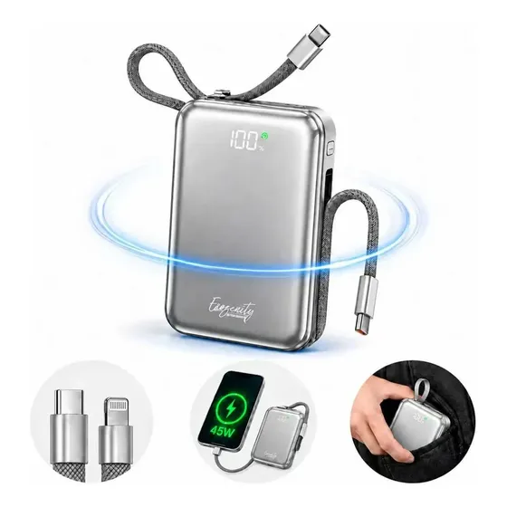 Power Bank 20000mAh Carregamento Rápido 45W, com Cabos USB-C e USB-A, para iPhone e Galaxy