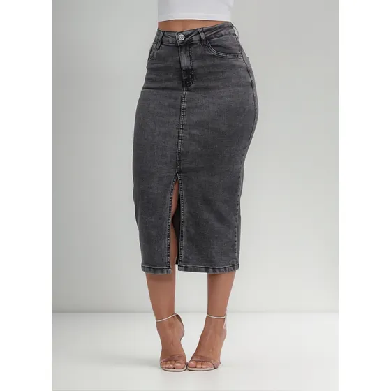 Saia Jeans Feminina Longa Cintura Alta Com Elastano Premium