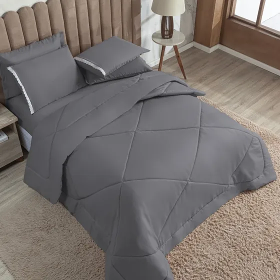 Conjunto Casal Queen 6 Unidades Completo Cama Box Cor Cinza Desenho Do Tecido Aconchego