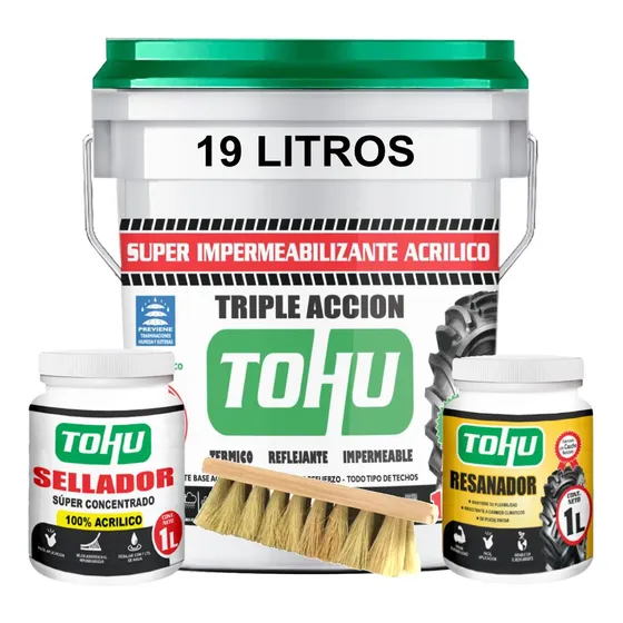Paaquete Super Impermeabilizante Termico Tohu Reduce Hasta 8 Grados Cubeta 19 Litros + Sellador + Resanador + Cepillo Fibratado Rinde 20m2 Color Blanco