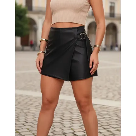 Short Saia Feminino Couro Fivela Lateral Tendência
