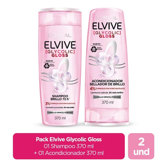 Shampoo L'Oréal Elvive Shampoo Elvive Glycolic Gloss 370 ml + Acondicionador Elvive Glycolic Gloss 370 m Glycolic Gloss de floral en botella