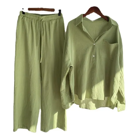 Conjunto De Camisa Y Pantalón De Algodón Y Lino Para Mujer