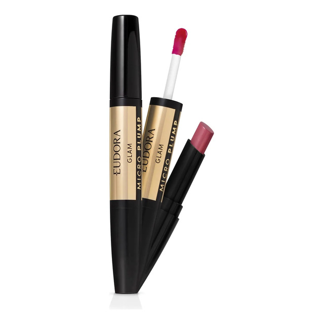 Batom duo Eudora Glam Micro Plump na cor Rosado Nobre, exibindo a embalagem preta e dourada com o aplicador de gloss e a bala do batom expostos.