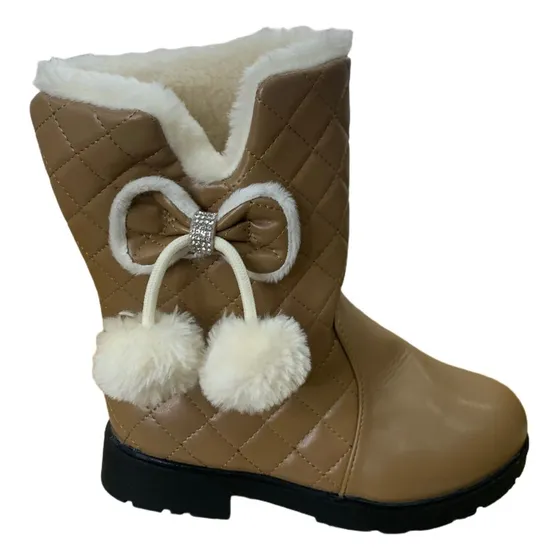 Botin Cuero C/lazo Y Pompones De Peluche Para Niña Nuevo