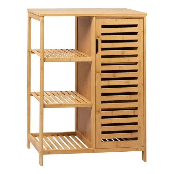 Mueble Organizador Multiuso Badecor, Madera De Bambú, Excelente Calidad, 3 Estantes Con Puerta - Ideal Para Recibidor, Living, Cocina, Baño - Alto 87cm