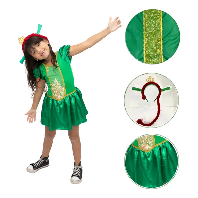 Fantasia Roupa Princesa Fiona Infantil Com Trança Envio Já