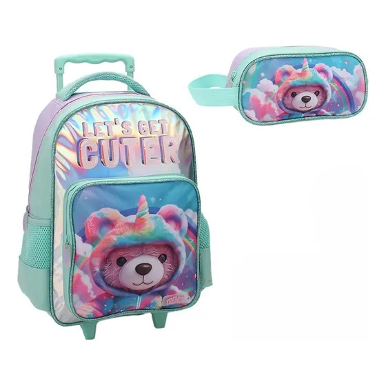 Set Mochila Carro Y Cartuchera Trendy Osito Escolar Niña Color Agua Diseño de la tela Estampado