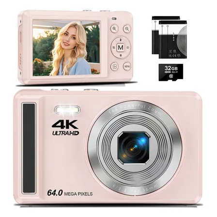 Câmera Digital Portátil 4k 64mp, Máquina Fotográfica Profissional Para Vlog, 2 Baterias Recarregáveis, Cartão Tf 32gb, Câmera Compacta Para Iniciantes, Crianças E Gravação De Vídeos Rosa