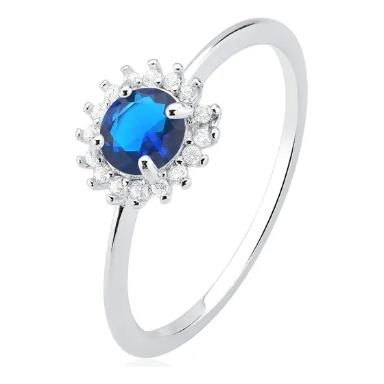 Anel De Prata Zircônia Redonda Azul Escuro Cravejada