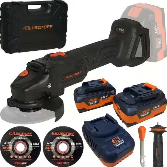 Amoladora Esmeril Angular Inalambrica Lusqtoff Black Series Brushless 115mm 4.5 Pulg Velocidad Variable 2 Baterias De 4ah Maletin y 2 discos