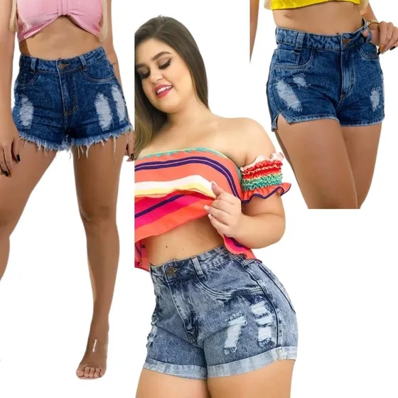 Kit 3 Shorts Jeans Feminino Cintura Alta Escolha Os Modelos