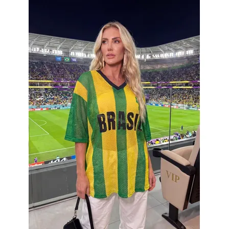Camiseta Oversized Brasil Feminina Moda Copa Fashion Verde / Amarelo M Crochet