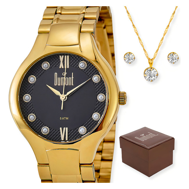 Relogio Dumont Feminino Dourado + Kit Du2035lob/k4p Relogio Dumont Feminino Dourado + Kit Du2035lob/k4p