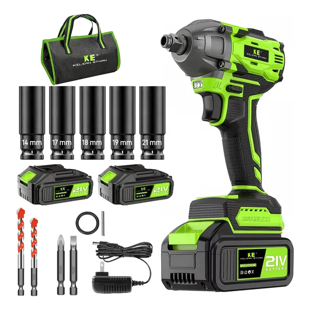 Llave de Impacto Inalámbrica 16.8V Brushless KILIAN ETHAN KE708A Verde | Mandril 2 en 1 (1/2'' y 1/4'') + 2 Baterías, Atornillador | Destornillador y Taladro | Alta Potencia y Luz LED+ Brocas Concreto
