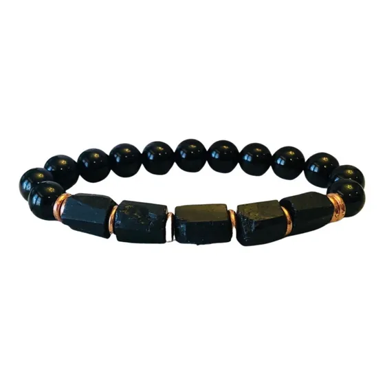 Pulsera Protección - Turmalina Negra En Bruto Y Pulida 8mm
