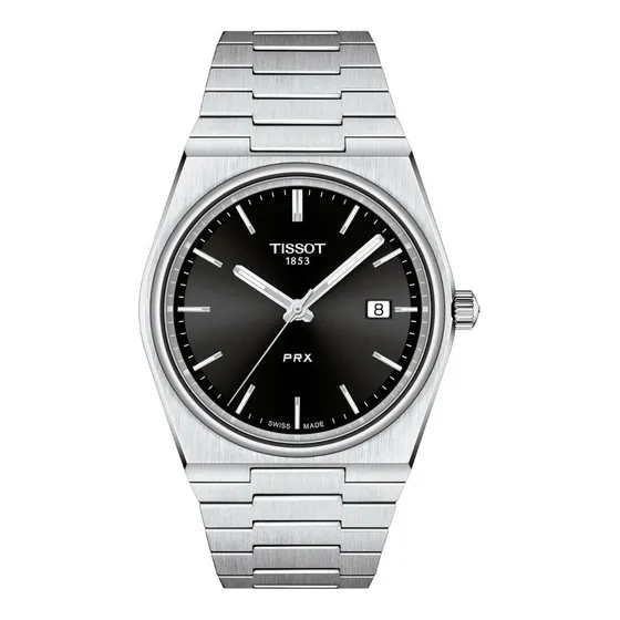 Reloj de pulsera Tissot T-Classic PRX de cuerpo color gris, analógico, para hombre, fondo negro, con correa de acero inoxidable color gris, agujas color gris y blanco, dial gris y blanco, minutero/seg