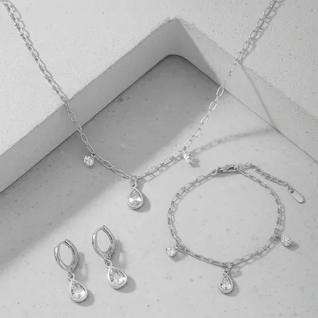 Colar + Pulseira + Brinco Ponto De Luz Gota A Prata 925 Prata 925