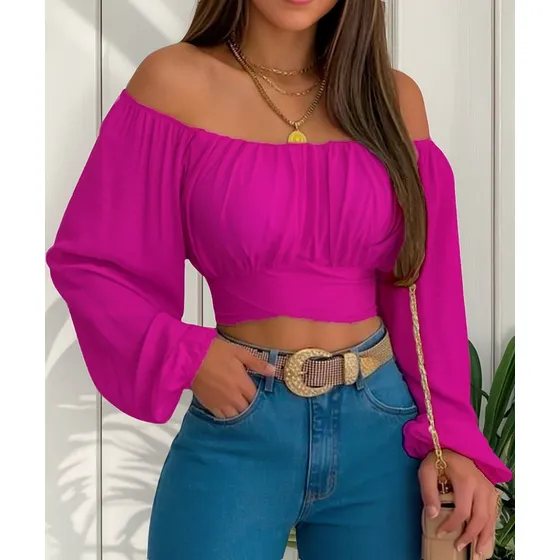 Top Corto Informal Con Hombros Descubiertos For Mujer