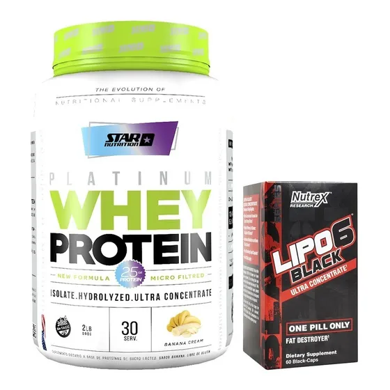 Proteina Whey Star Nutrition 2 Lb + Lipo Black Uc X 60 Caps Sabor Banana
