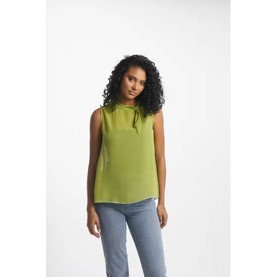 Blusa Chiffon Verde Sin Mangas Cuello Lazo Saints Clothes