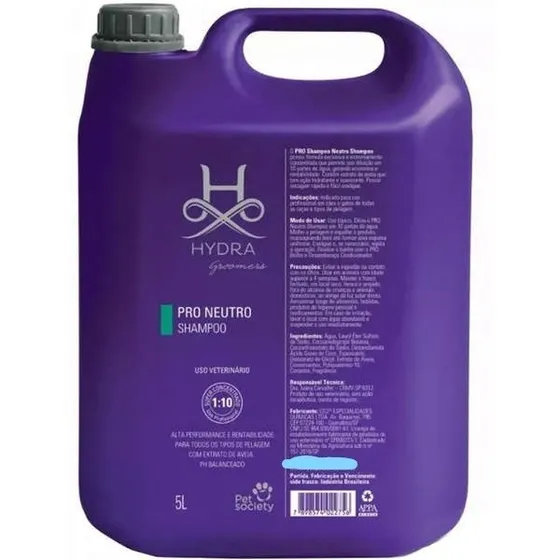 Shampoo Pet Society Hydra Groomers Neutro 1:10 5l Fragrância ácido graxo de coco, espessante, diestearato de glicol, extrato de aveia