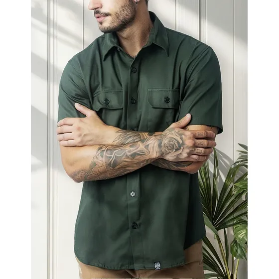 Camisa Workshirt Estilo Militar Verde Escuro