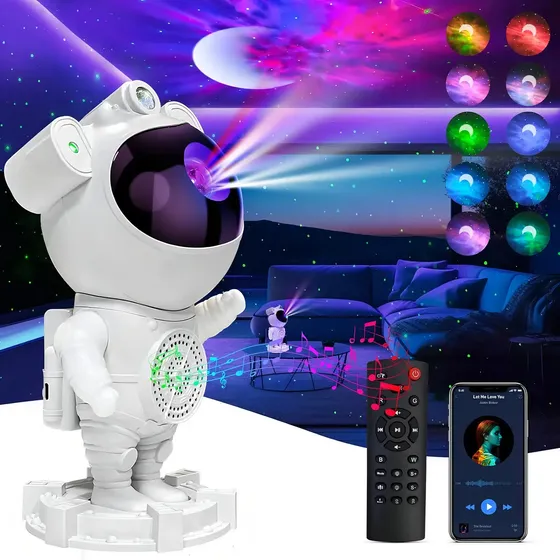 Projetor Astronauta Caixa Som Bluetooth Luminária Luz Noturna Teto Galáxia Estrelas Com Controle Nebulosa Alto Falante Quarto Galáxia 110v/220v Bivolt Sayonara