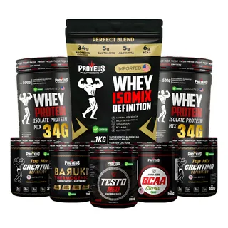 Kit Whey Creatina Bcaa Termogenico Pré-treino 3,2kg Proteus Sabor Morango Kit Whey Creatina Bcaa Termogenico Pré-treino 3,2kg Proteus Sabor Morango