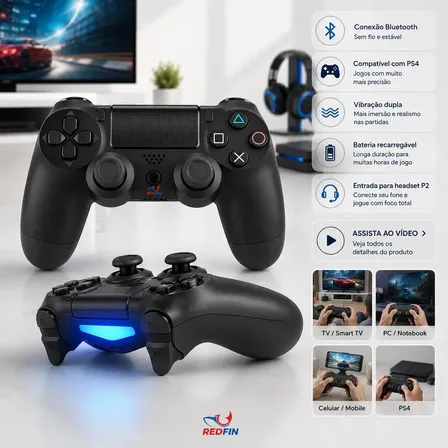 Controle Sem Fio Bluetooth Para Ps4 Videogame Joystick Tv Samsung Pc P4 Ps 4 Dual Shock Manete Pc Gamer Controle Bluetooth Tv Smart Sem Fio Celular Headset Com P2 Cor Preto - Marca REDFIN