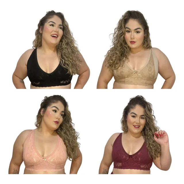 Kit 4 Sutiãs Plus Size Algodão Rendado Sem Bojo Confortável