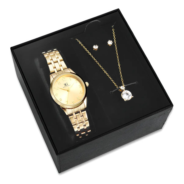 Kit Relógio Colar E Brincos Ponto De Luz Dourado Feminino Luxo Golden Saint Germain Presen...
