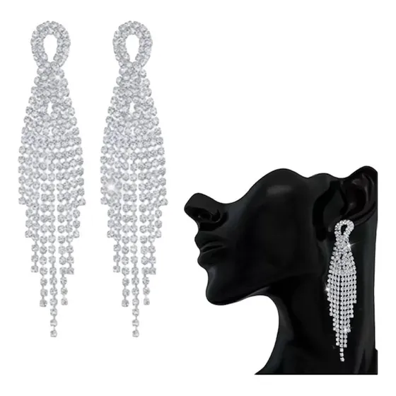 Aros De Strass Colgantes Fiesta Largos Elegantes Finos Mujer