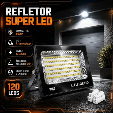 Kit 2 Refletor De Led 500w Super Holofote Bivolt Branco Frio 6500k Prova Dágua Ip67 127/220v Preto