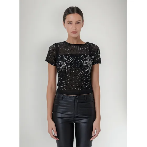 Remera Blusa Mykonos Tull Con Piedras Gu2660 Arizona Negra