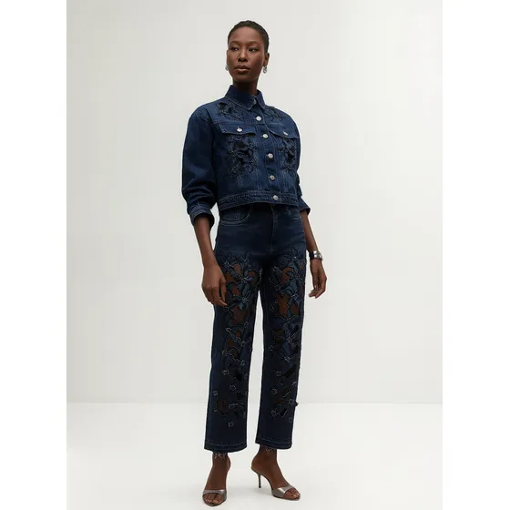 Calça Iódice Reta Cós Alto Com Aplicacao Jeans