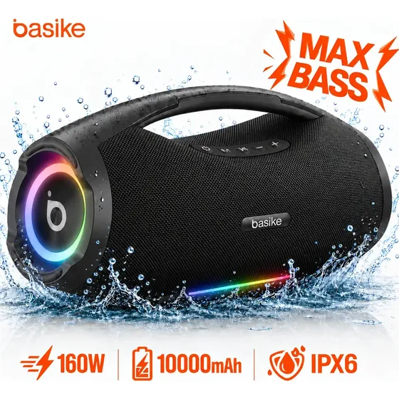 Basike Caixa De Som Boombox Plus 160w 10000mah Bluetooth Sem fio Portátil IPX6 À Prova D'água Hifi Com TWS RGB TF AUX Bass Forte Alto Falante Aparelho de Som Bombox Soundbox Para Casa Festa Preto
