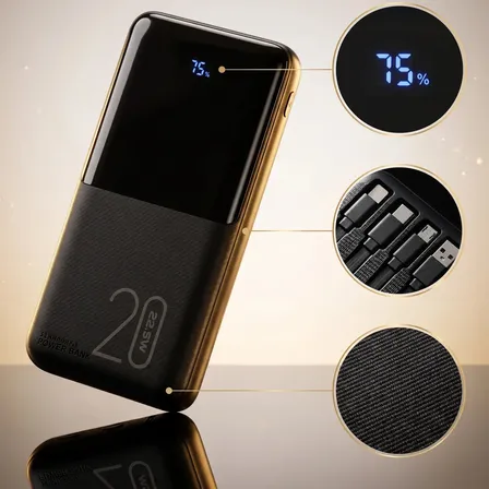 Power Bank 20000mAh Turbo 22,5W Carga Rápida 10V De Saída Com 4 Cabos Integrados Display De Nível De Bateria Alça Para Transporte Lanterna LED Proteção Contra Sobrecarga Carregador Portátil Preto
