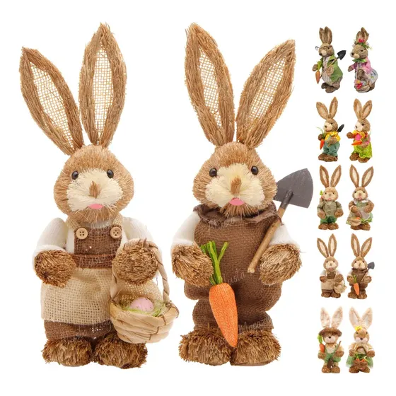 Casal De Coelhos De Páscoa 35cm Em Palha Enfeite Decoração Cor Marrom