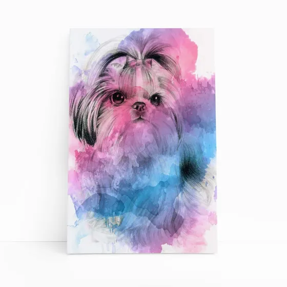 Quadro Cachorro Cão Shih Tzu Fêmea Aquarela Canvas 20x30cm
