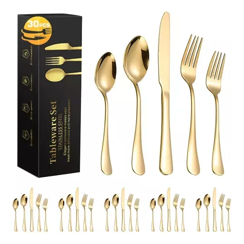 Juego De Cubiertos Dorado De Acero Inoxidable Para 6 Personas, 30 Piezas - Incluye Cuchillos, Tenedores, Cucharas Y Cucharillas, Diseño Elegante En , Resistente Y Fácil De Limpiar