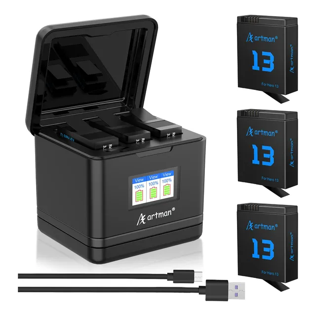 Artman Cargador Triple Lcd + 3* Batería Enduro Para Gopro 13