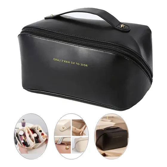 Nécessaire Feminina Grande Maquiagem Cosméticos Bolsa Viagem Cor Preto tecido Liso