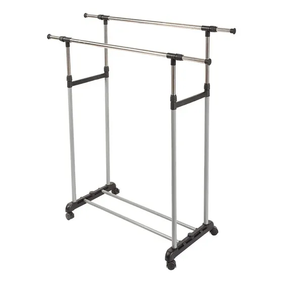 Perchero Exhibidor Doble Jazak / de Pie / Movil / Doble barral / Pantalonero / Con Ruedas / de Acero / Extensible / Resistente / para Ropa y mas /